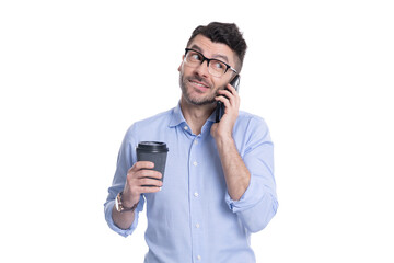 Businessman using phone for communication. Businessman with coffee isolated on white. Coffee break. Business communication. Man have business talk. Phone call. Assertive communication