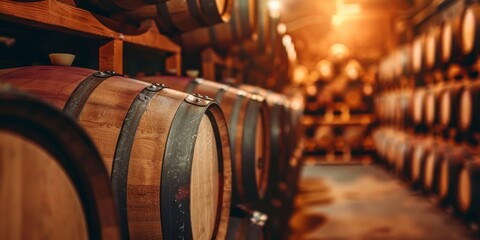 Rows of aged wooden wine barrels stacked in a rustic cellar with warm ambient lighting. - obrazy, fototapety, plakaty