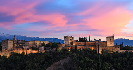 The landscape  view with Alhambra of Granada, Spain. Alhambra fortress and Albaicin quarter at...