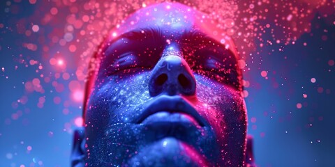 Close-up of a person's face with a neon blue glow and scattered luminous particles.