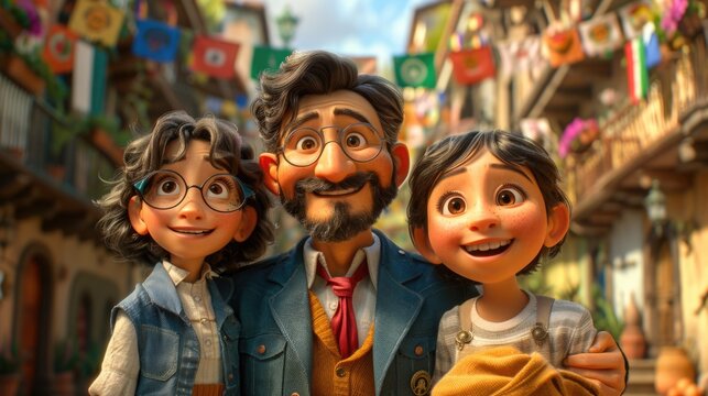 Colorful animated family portrait in a festive town setting. 3D animation still