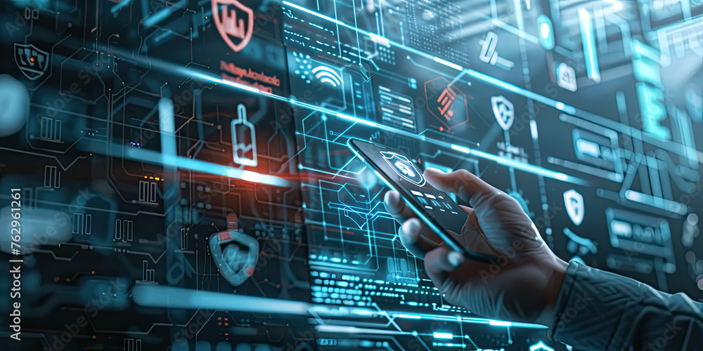 Poster person typing on a digital tablet computer with cyber security privacy business internet technology 