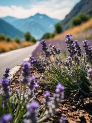 low angle photo group of lavender flower side of the road blurry mountain background