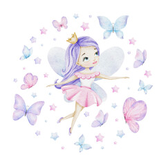 Little fairy, princess with a crown, butterflies and stars. Isolated hand draw watercolor illustration. Round composition for kid's goods, clothes, postcards, baby shower and children's room