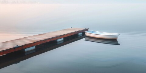 A single rowboat tied to a serene wooden dock, surrounded by the tranquility of a misty lake.