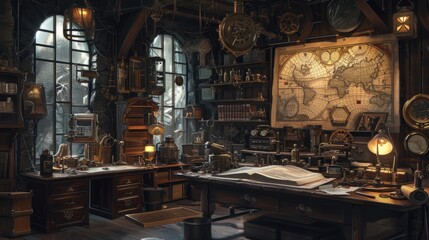 Fototapeta na wymiar An intricately detailed vintage study room, filled with navigational instruments, antique map, and explorer's tools, evoking the spirit of discovery. Resplendent.
