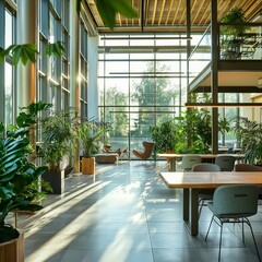 Modern office lobby with greenery and sunlight. A spacious office lobby bathed in natural sunlight with tall green plants and sleek contemporary furniture