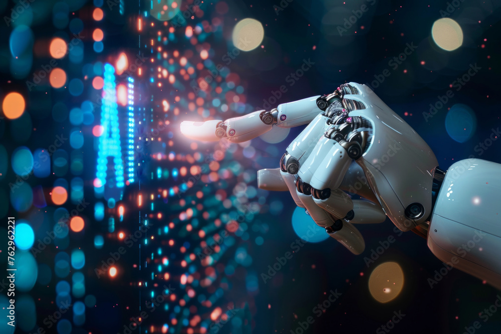 Poster robot hand pushing a futuristic digital screen with ai text on it, ai touch screen hologram