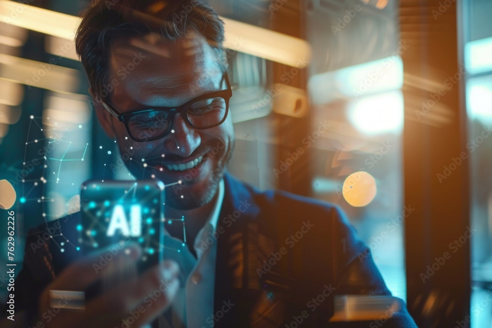 Poster smiling executive business man using ai for his daily tasks