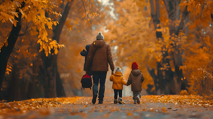Rear view on Young family walking on avenue in autumn colors