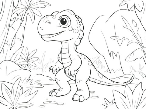 Cute dinosaur in the jungle. Vector illustration for coloring book.
