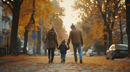 Rear view on Young family walking on avenue in autumn colors