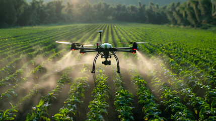 Modern technologies in agriculture. industrial drone flies over a green field and sprays useful pesticides to increase productivity and destroys harmful insects, increase productivity, generative ai - obrazy, fototapety, plakaty
