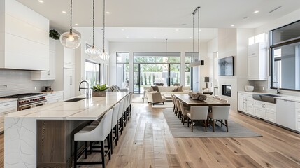 Spacious Modern Interior Reveals Luxurious Kitchen with Quartz Countertops and Breakfast Bar in Natural Light