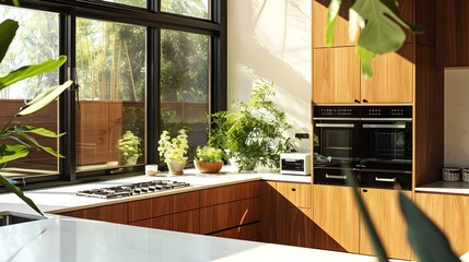 Sophisticated Kitchen Interior with Responsibly-Sourced Timber and Lustrous White Countertop Basking in Sunlight through Herb-Laden Windows