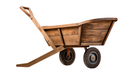 Wooden Wheelbarrow on White Background. On a White or Clear Surface PNG Transparent Background..