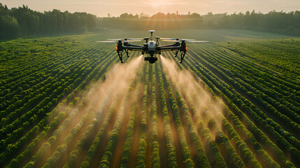 Modern technologies in agriculture. industrial drone flies over a green field and sprays useful pesticides to increase productivity and destroys harmful insects, increase productivity, generative ai - obrazy, fototapety, plakaty