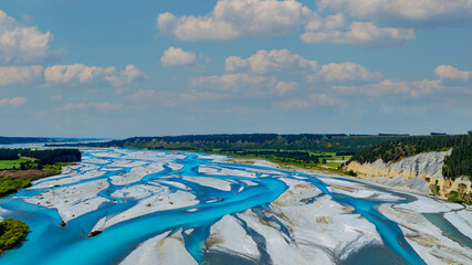 The aerial view with a ecosystem of the River lagoon Valley and blue water rive - obrazy, fototapety, plakaty