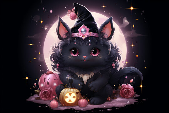 Plump witch cat with sparkling eyes, conjuring magic orbs in a dark enchanted room, cute, cartoon, chibi