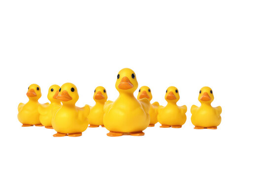 Group of Yellow Rubber Ducks Sitting Together. On a White or Clear Surface PNG Transparent Background..