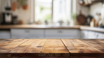 Empty wooden table counter top with blurred kitchen background with a window, product display background