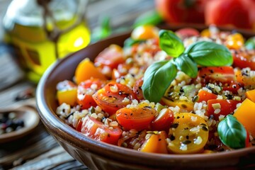 A colorful Mediterranean-style salad with olives, cherry tomatoes, and herbs in a black bowl.