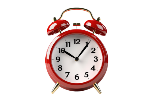 Red Alarm Clock on White Background. On a White or Clear Surface PNG Transparent Background..