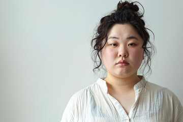 Asian plus size woman in front of light gray background with copy space