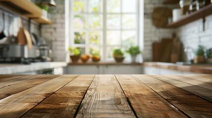 Empty wooden table counter top with blurred kitchen background with a window, product display background