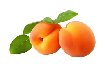 Two Apricots With Leaves on a White Background. On a White or Clear Surface PNG Transparent Background..