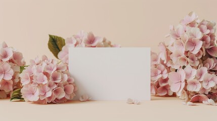 A blank paper card encircled by a frame of pink hydrangea flowers on a pink background, for creating personalized greetings for any occasion