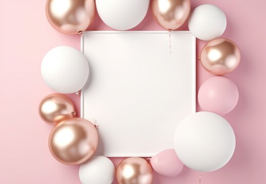 pink and white balloons with foil around the circle frame on pink background.