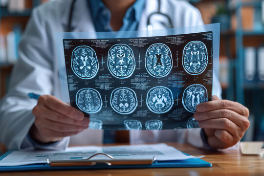 A doctor is holding a piece of paper with a brain scan on it