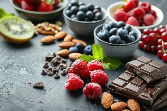 An assortment of antioxidant-rich foods including various berries, nuts, and dark chocolate.