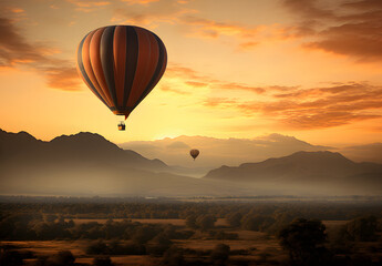 hot air balloon silhouette at sunset - obrazy, fototapety, plakaty