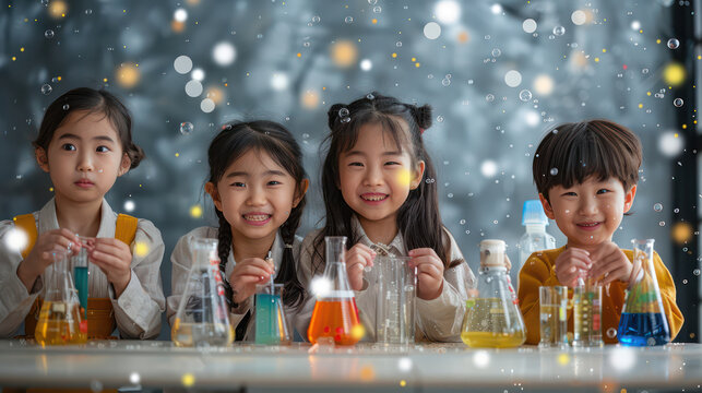 A group of children are sitting around a table with beakers and test tubes