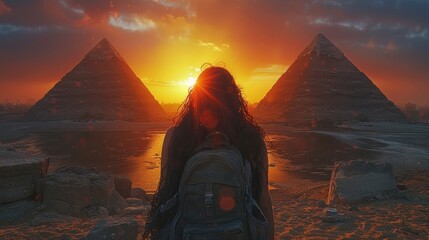 woman and pyramids of Egypt - obrazy, fototapety, plakaty