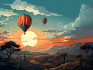 hot air balloon with sun coming out background illustration