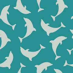 Seamless pattern with a dolphin on a sea wave background. Summer sea background.