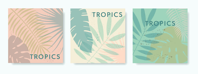 Summer square backgrounds with tropical leaves and texture. Vector templates for cards, banners, invitations, social media posts, posters, mobile apps, web advertising.