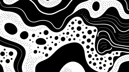 Black and white abstract pattern with dots, lines, curves and waves. Modern art print
