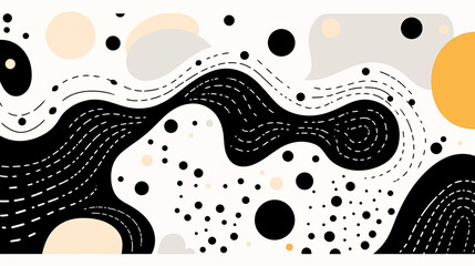 Yellow Black and white abstract pattern with dots, lines, curves and waves. Modern art print