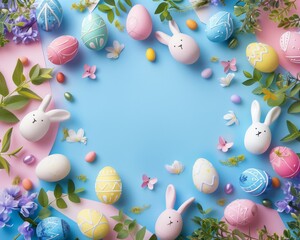 Easter  eggs bunny Top view of background colorfull, Generative AI