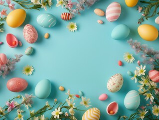 Easter  eggs bunny Top view of background colorfull, Generative AI