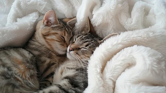 Lovely cat couple sleep together hug on white fluffy bed.