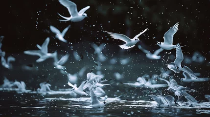 Selbstklebende Fototapeten  In the depths of the rainforest at night, a surreal sight emerges as birds take flight under the water, their graceful movements illuminated by the soft glow of moonlight.  © Aqsa