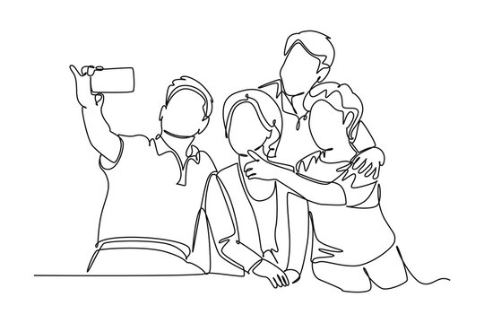 Simple continuous line drawing icon Family gathering. Picture of a group of families gather and take photos together. Simple line. International Family minimalist concept.