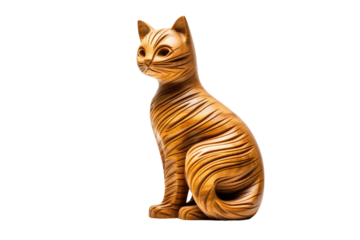 Wooden Cat Sitting on White Surface. On a White or Clear Surface PNG Transparent Background..