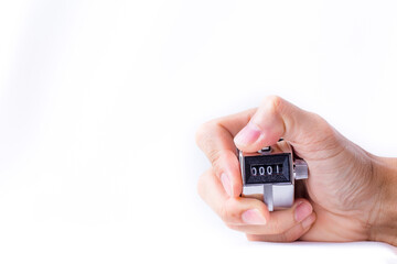 Hand man hold tally counter isolated white background. Image concept of a good start to something new.