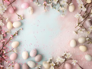 Obraz na płótnie Canvas Easter eggs bunny Top view of background colorfull, Generative AI